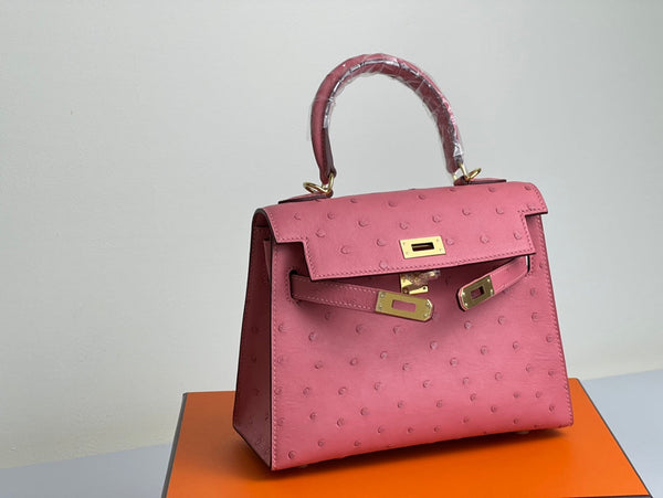 KELLY BAG 20 IN ROUGE PINK OSTRICH LEATHER WITH GOLD HARDWARE (MADE - TO - ODER)