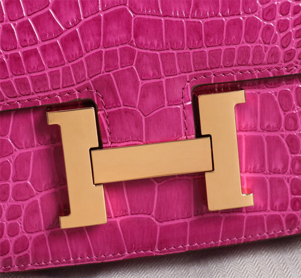 HM CONSTANCE 23 BARBIE ROSA COCCODRILLO PELLE DI VITELLO GOFFRATA FERRAMENTA ORO