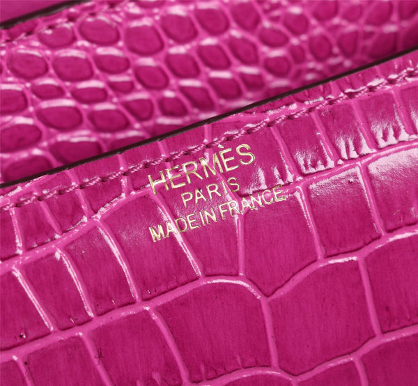 HM CONSTANCE 23 BARBIE ROSA COCCODRILLO PELLE DI VITELLO GOFFRATA FERRAMENTA ORO