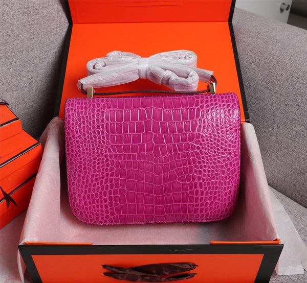 HM CONSTANCE 23 BARBIE ROSA COCCODRILLO PELLE DI VITELLO GOFFRATA FERRAMENTA ORO