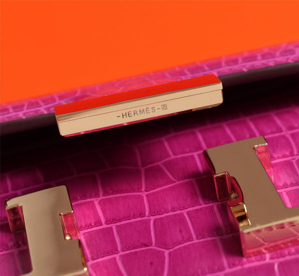 HM CONSTANCE 23 BARBIE ROSA COCCODRILLO PELLE DI VITELLO GOFFRATA FERRAMENTA ORO