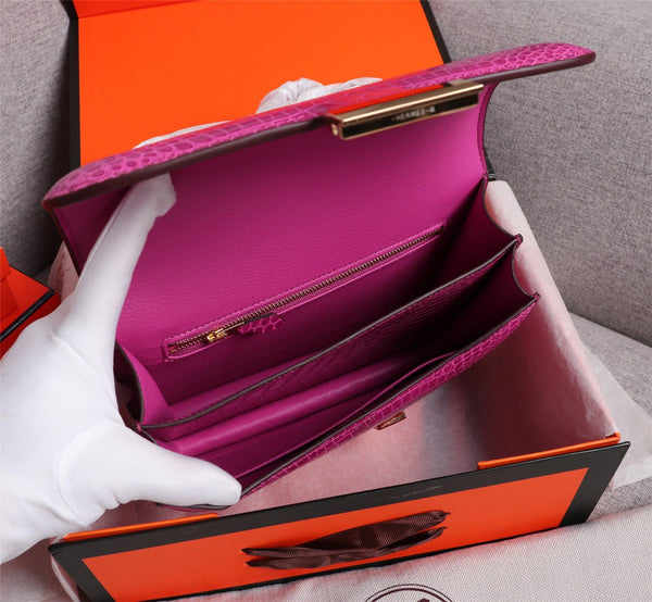 HM CONSTANCE 23 BARBIE ROSA COCCODRILLO PELLE DI VITELLO GOFFRATA FERRAMENTA ORO