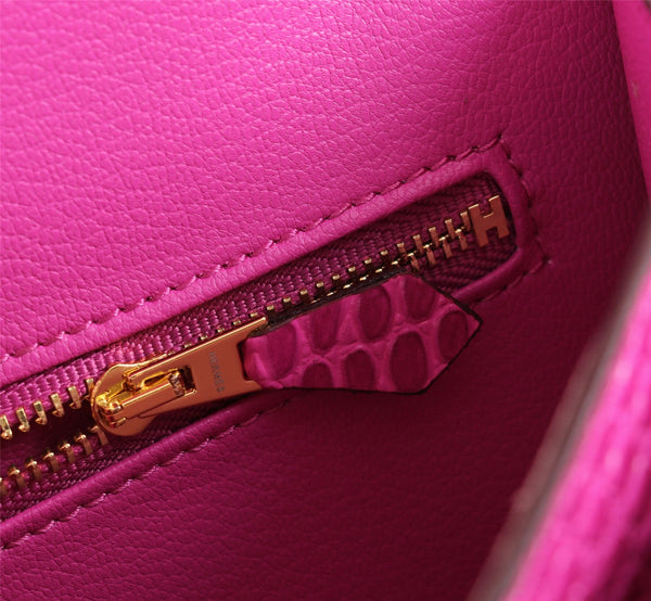 HM CONSTANCE 23 BARBIE ROSA COCCODRILLO PELLE DI VITELLO GOFFRATA FERRAMENTA ORO