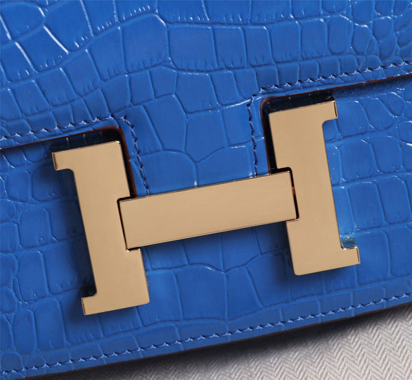 HM CONSTANCE 23 COBALT CROCODILE EMBOSSED CALFSKIN GOLD HARDWARE