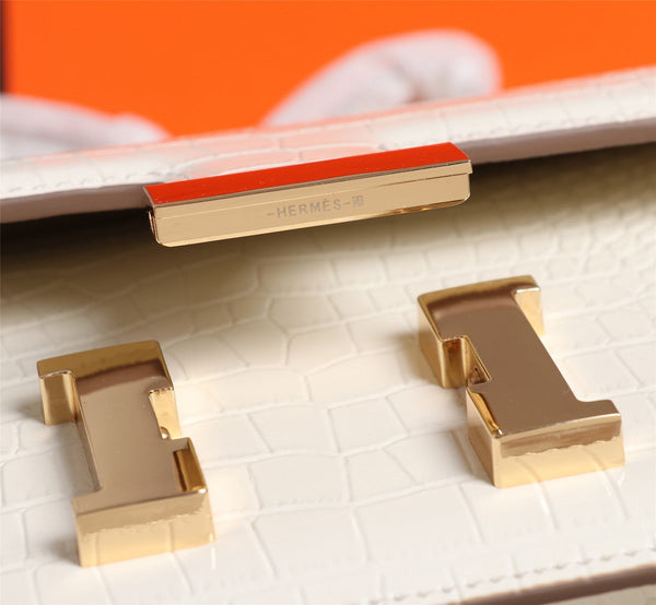 HM CONSTANCE 23 PELLE DI VITELLO GOFFRATA COCCODRILLO BIANCA FERRAMENTA ORO