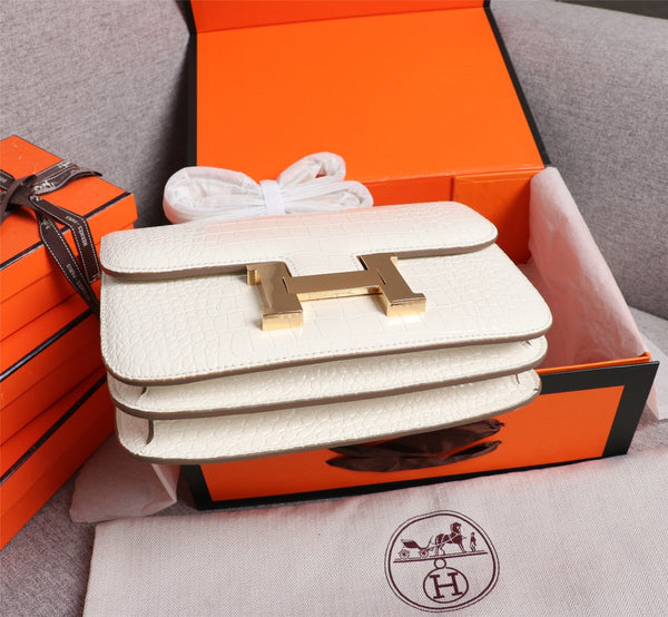 HM CONSTANCE 23 PELLE DI VITELLO GOFFRATA COCCODRILLO BIANCA FERRAMENTA ORO