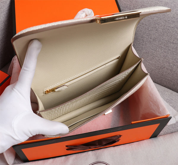 HM CONSTANCE 23 PELLE DI VITELLO GOFFRATA COCCODRILLO BIANCA FERRAMENTA ORO