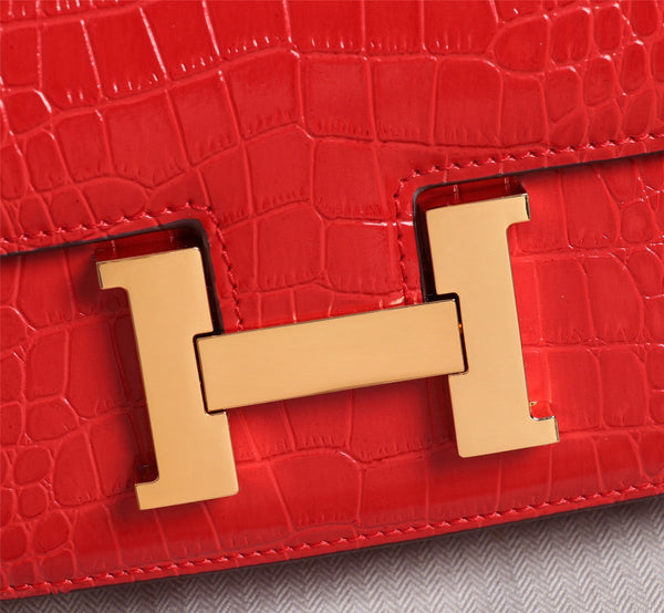 HM CONSTANCE 23 RED CROCODILE EMBOSSED CALFSKIN GOLD HARDWARE