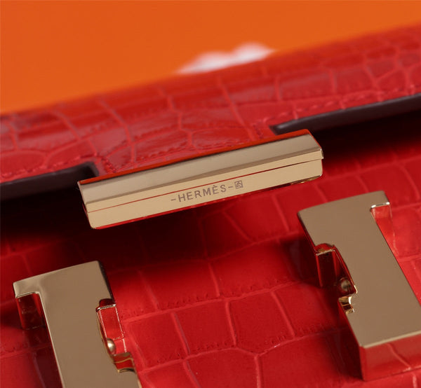 HM CONSTANCE 23 RED CROCODILE EMBOSSED CALFSKIN GOLD HARDWARE