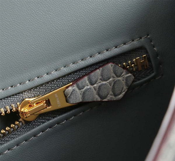 HM CONSTANCE 23 GRIGIO CHIARO PELLE DI VITELLO STAMPATA COCCODRILLO FERRAMENTA ORO