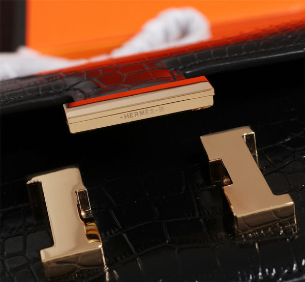 HM CONSTANCE 23 BLACK CROCODILE EMBOSSED CALFSKIN GOLD HARDWARE