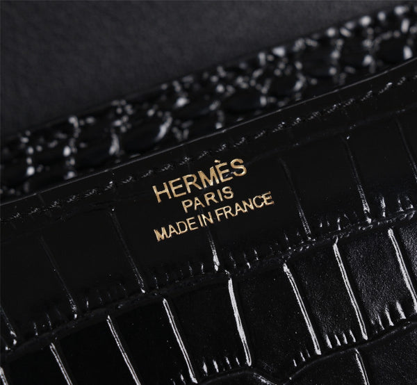 HM CONSTANCE 23 BLACK CROCODILE EMBOSSED CALFSKIN GOLD HARDWARE