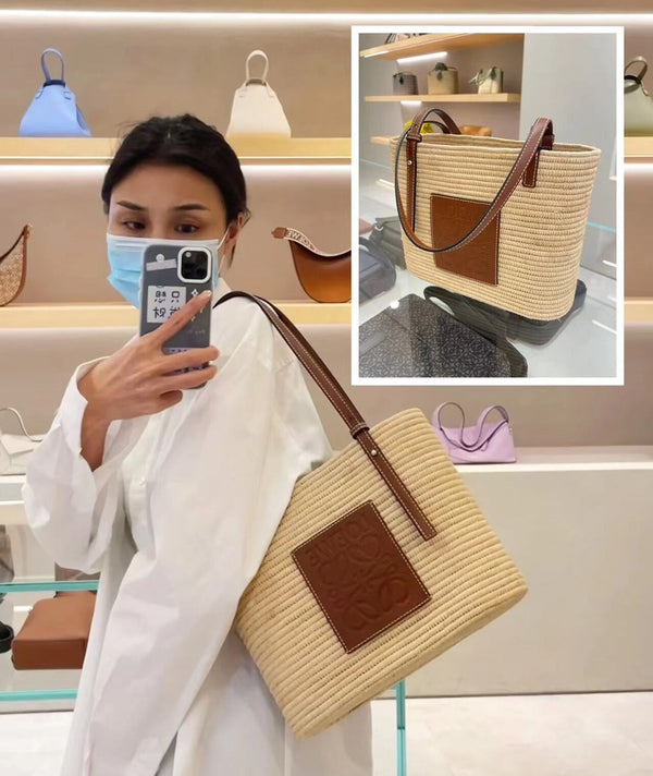 SMALL SQUARE 28 BASKET BAG IN RAFFIA AND CALFSKIN