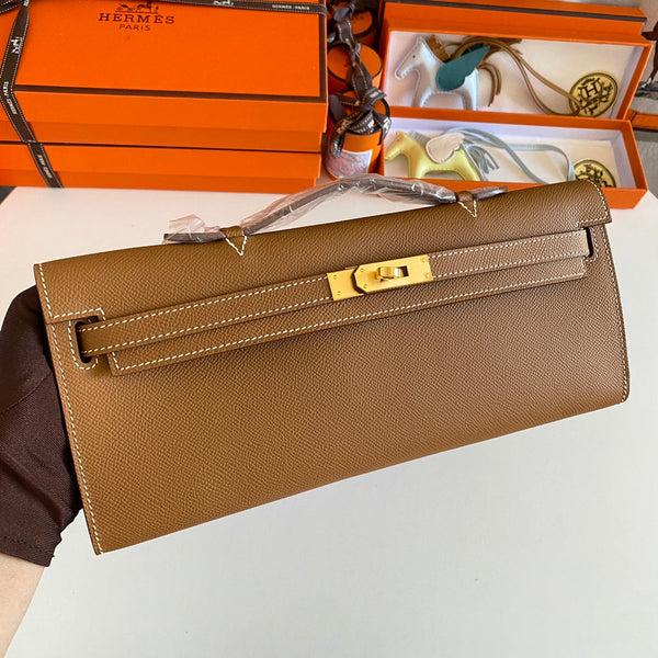 HM Kelly Cut 31 Pelle Epsom color burro d'arachidi con finiture dorate 229057