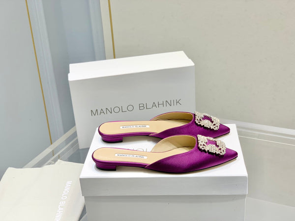 Manolo Buckle Flast Mules Purple Silk 327513