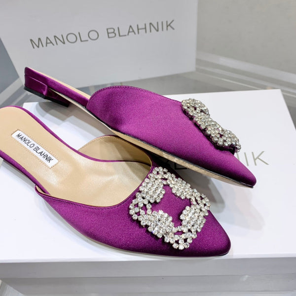 Manolo Buckle Flast Mules Purple Silk 327513