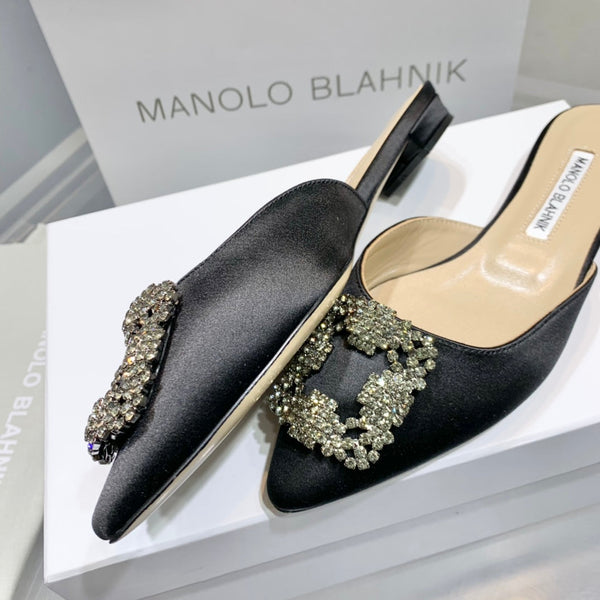 Manolo Buckle Flast Mules Black Silk 327515
