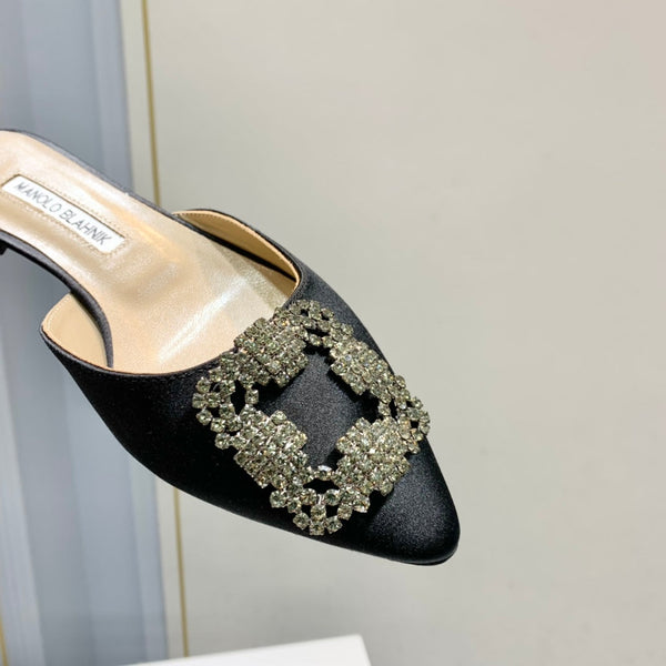 Manolo Buckle Flast Mules Black Silk 327515