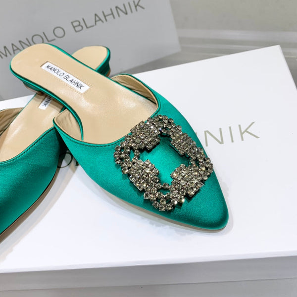 Manolo Buckle Flast Mules Green Silk 327517