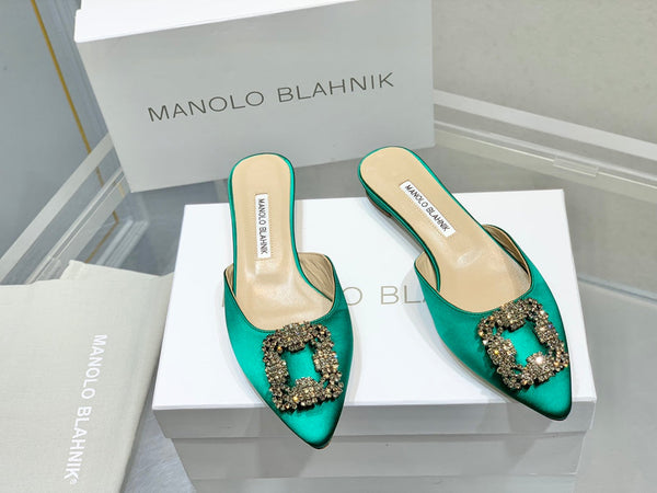 Manolo Buckle Flast Mules Green Silk 327517