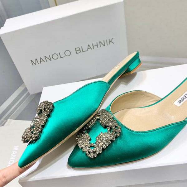 Manolo Buckle Flast Mules Green Silk 327517