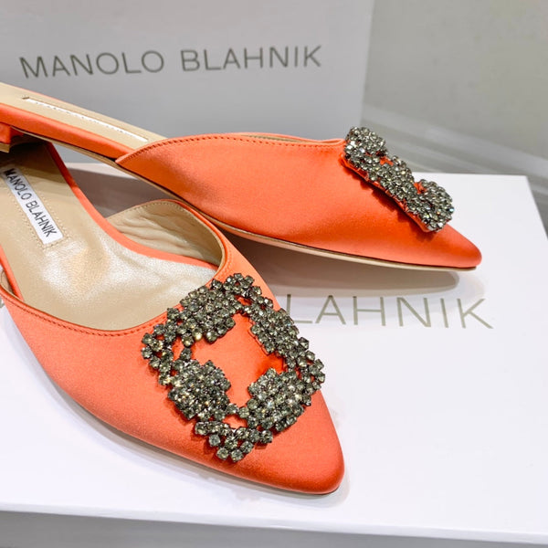 Manolo Buckle Flast Mules Orange Silk 327520