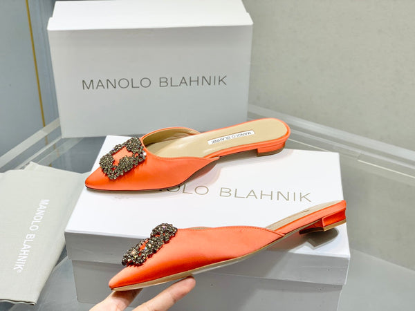 Manolo Buckle Flast Mules Orange Silk 327520