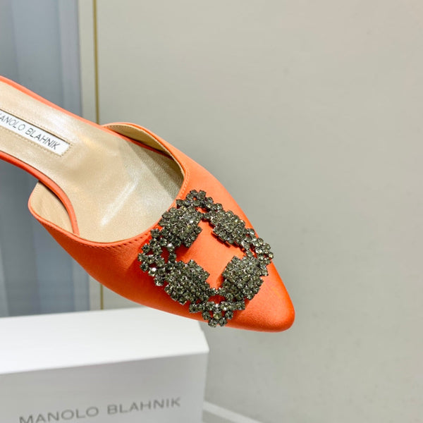 Manolo Buckle Flast Mules Orange Silk 327520