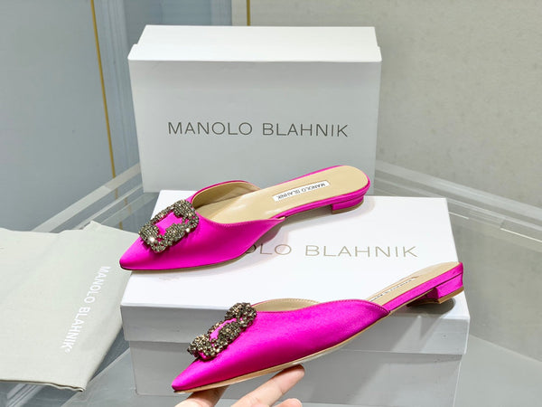 Manolo Buckle Flast Mules Dark Pink Silk 327521