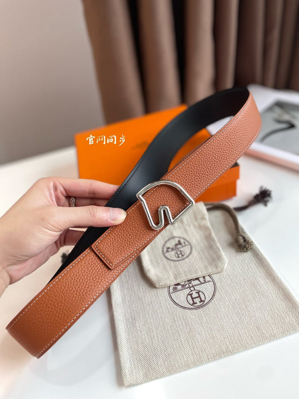 BOUCLE BELT BUCKLE & REVERSIBLE GINGER ORANGE AND BLACK LEATHER STRAP 38MM SILVER HARDWARE