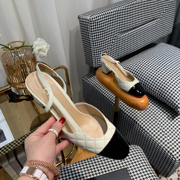 slingback 60mm pelle di vitello trapuntata color crema pelle di vitello verniciata nera