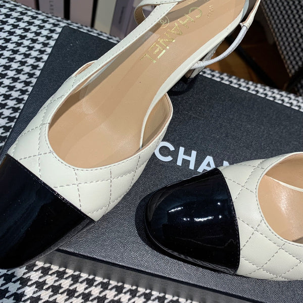 slingback 60mm pelle di vitello trapuntata color crema pelle di vitello verniciata nera