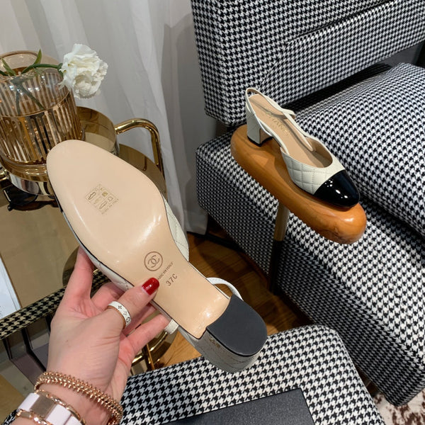 slingback 60mm pelle di vitello trapuntata color crema pelle di vitello verniciata nera