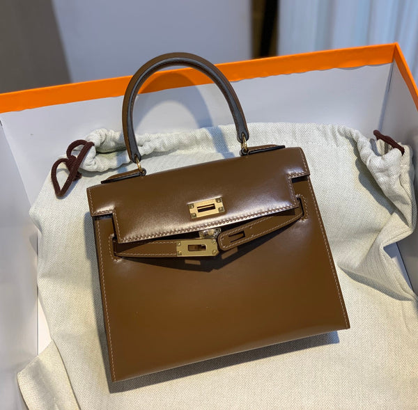 KELLY MINI 20 BAG IN CHOCOLATE BROWN SMOOTH CALFSKIN WITH GOLD HARDWARE (MADE - TO - ODER)