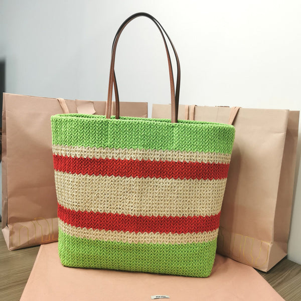 BORSA TOTE 40 IN MOTIVO A RIGHE DI RAFIA INTRECCIATA VERDE CHIARO ROSSO E BIANCO CREMA