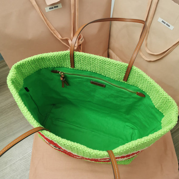 BORSA TOTE 40 IN MOTIVO A RIGHE DI RAFIA INTRECCIATA VERDE CHIARO ROSSO E BIANCO CREMA