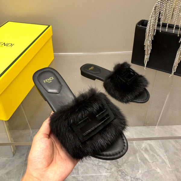 FENDI BAGUETTE MINK SLIDE SLIPPER IN BLACK FUR