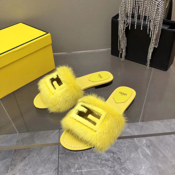 FENDI BAGUETTE MINK SLIDE SLIPPER IN BRIGHT YELLOW FUR