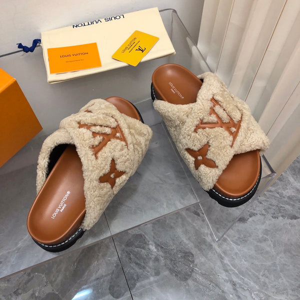LV Paseo Flat Comfort Mule Beige Brown Fleece