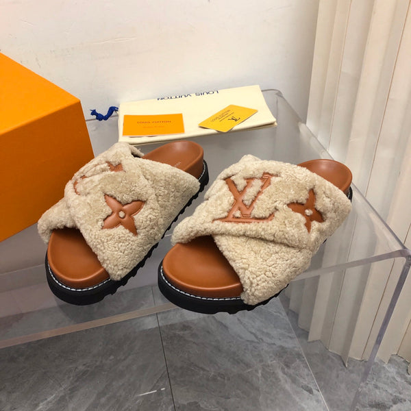 LV Paseo Flat Comfort Mule Beige Brown Fleece