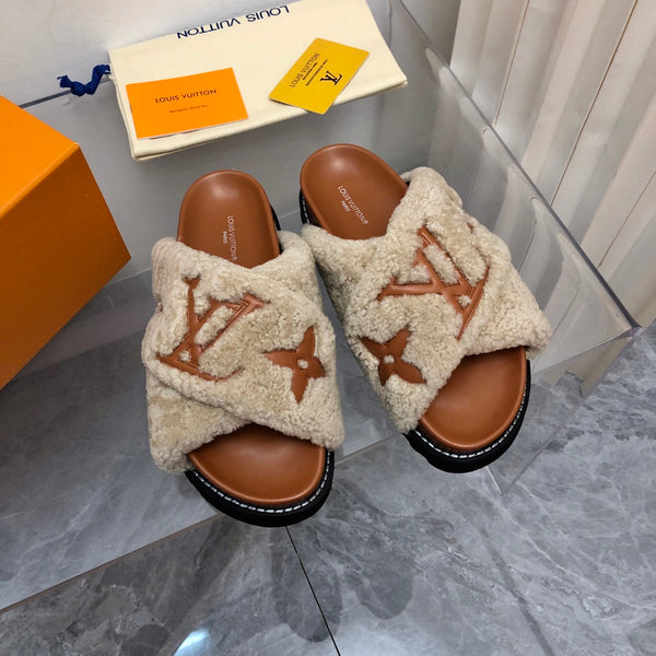 LV Paseo Flat Comfort Mule Beige Brown Fleece