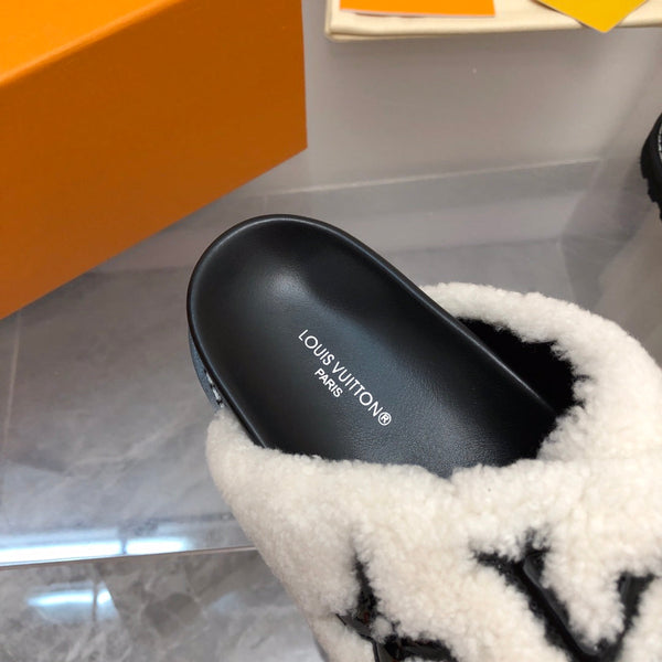 LV Paseo Flat Comfort Mule White Black Fleece