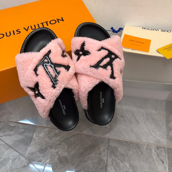 LV Paseo Flat Comfort Mule Pink Black Fleece