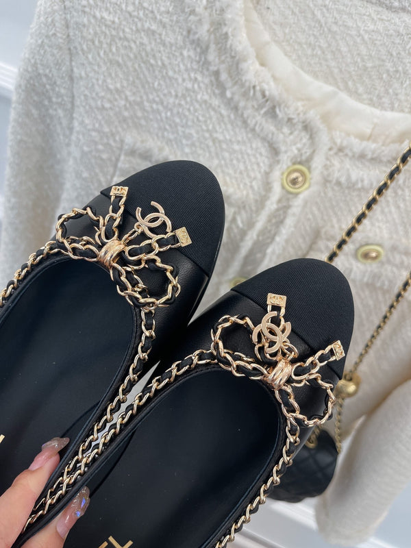 CC Ballet Flats 25mm Black Bow Tie Chain Lambskin