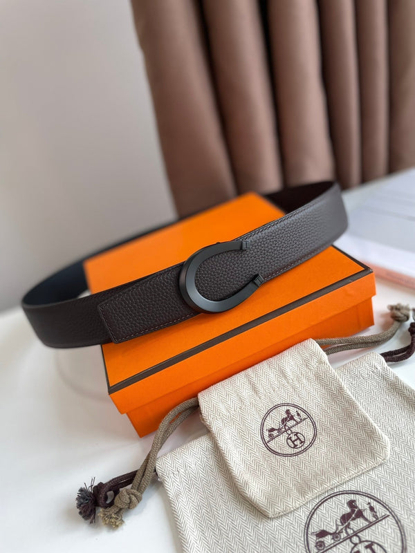 FIBBIA PER CINTURA HM LUCK E CINTURINO REVERSIBILE IN PELLE MARRONE CIOCCOLATO E NERO 38 MM