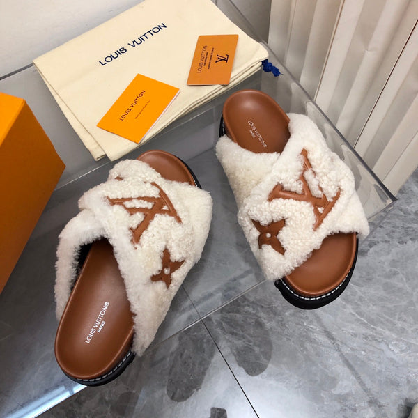 LV Paseo Flat Comfort Mule White Brown Fleece