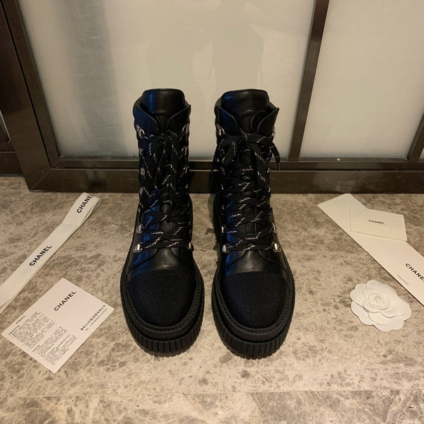 CC Combat Boots 50mm In Black Calfskin Quilted And Lycra Fabric 940072