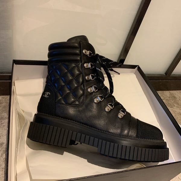 CC Combat Boots 50mm In Black Calfskin Quilted And Lycra Fabric 940072