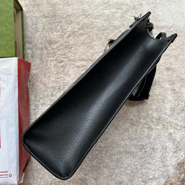 BORSA TOTE MEDIA CON STAMPA TIGRE 38 IN TELA NERA E FINITURE IN PELLE