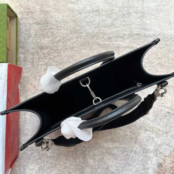 BORSA TOTE MEDIA CON STAMPA TIGRE 38 IN TELA NERA E FINITURE IN PELLE